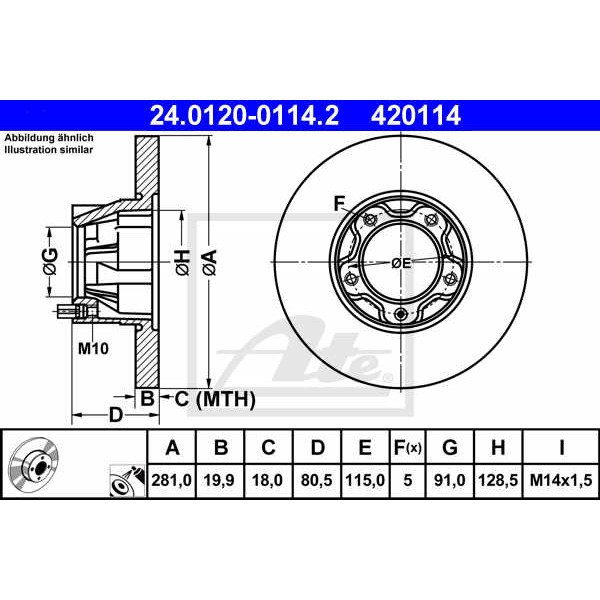 Слика на кочионен диск ATE 24.0120-0114.2 за VW LT 28-50 Box (281-363) 2.4 i - 94 коњи бензин