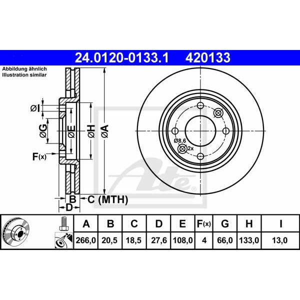 Слика на кочионен диск ATE 24.0120-0133.1 за Citroen Xsara Break N2 1.8 i Aut. - 101 коњи бензин