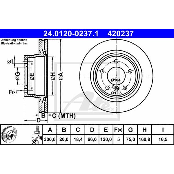 Слика на кочионен диск ATE 24.0120-0237.1 за BMW 3 Touring F31 318 d - 143 коњи дизел