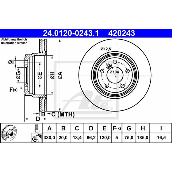 Слика на кочионен диск ATE 24.0120-0243.1 за BMW 3 Sedan F30 F35 F80 330 d - 258 коњи дизел