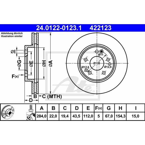 Слика на кочионен диск ATE 24.0122-0123.1 за Mercedes E-class Saloon (w124) E 300 D (124.131) - 136 коњи дизел