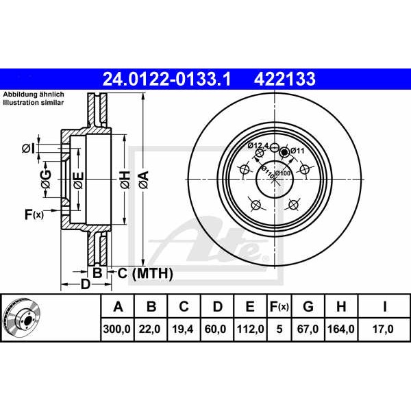 Слика на кочионен диск ATE 24.0122-0133.1 за Mercedes S-class Saloon (w140) 500 SE,SEL (140.050, 140.051) - 326 коњи бензин