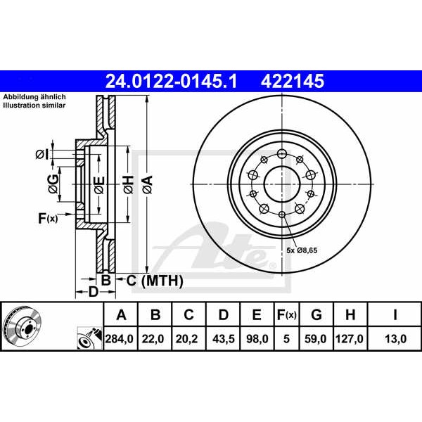 Слика на кочионен диск ATE 24.0122-0145.1 за Alfa Romeo 147 (937) Hatchback 1.9 JTD 16V - 126 коњи дизел