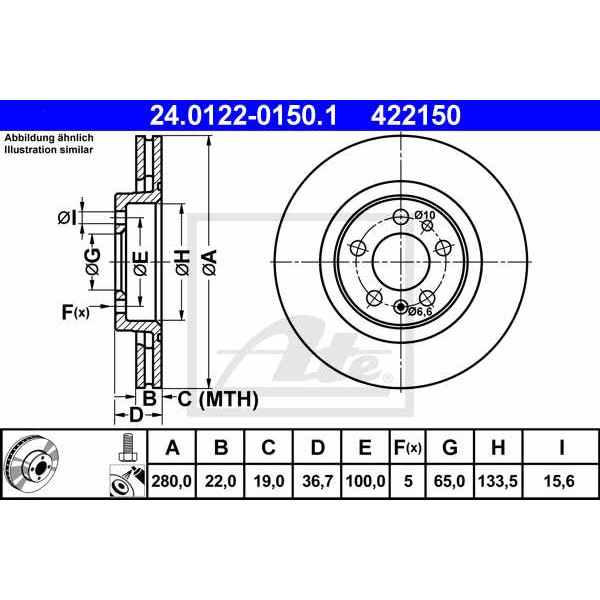 Слика на кочионен диск ATE 24.0122-0150.1 за VW Beetle (9C1,1C1) 1.9 TDI - 101 коњи дизел