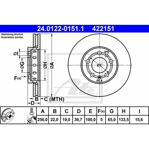 Слика на кочионен диск ATE 24.0122-0151.1 за VW Jetta 4 (1J2) 1.8 T - 150 коњи бензин