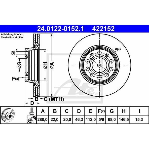 Слика на кочионен диск ATE 24.0122-0152.1 за Seat Exeo ST (3R5) 1.6 - 102 коњи бензин