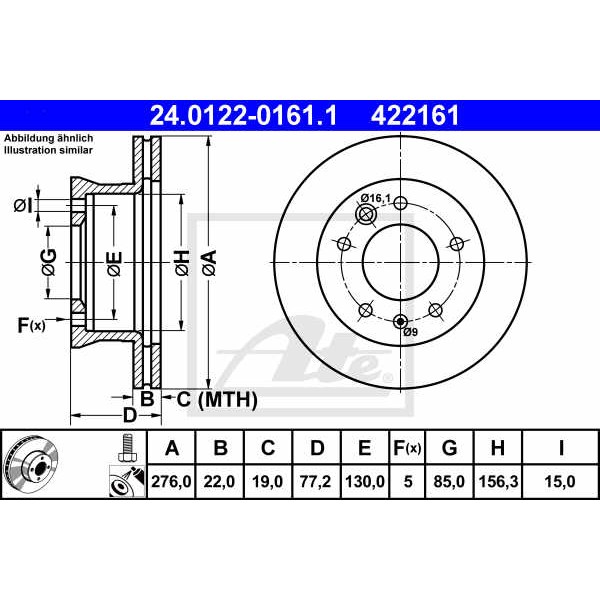 Слика на кочионен диск ATE 24.0122-0161.1 за Mercedes Sprinter 3-t Platform (903) 311 CDI - 109 коњи дизел