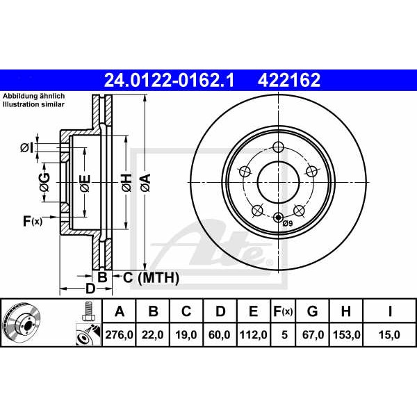 Слика на кочионен диск ATE 24.0122-0162.1 за Mercedes Vito BOX (638) 113 (638.014, 638.094) - 129 коњи бензин