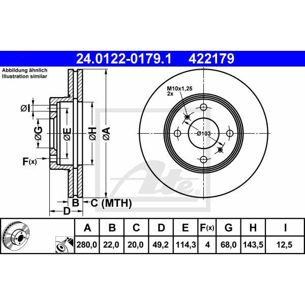 Слика на кочионен диск ATE 24.0122-0179.1 за Nissan Primera Hatchback (P11) 2.0 16V - 140 коњи бензин