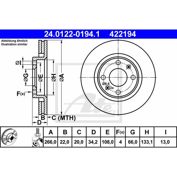 Слика на кочионен диск ATE 24.0122-0194.1 за Citroen Xsara Coupe N0 1.6 16V - 109 коњи бензин