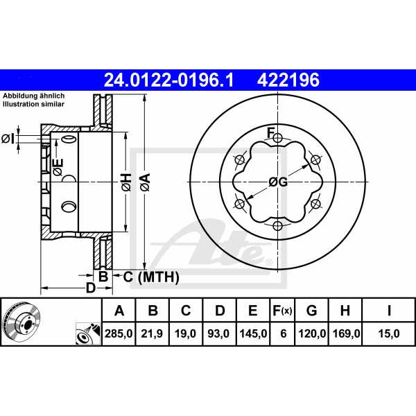 Слика на кочионен диск ATE 24.0122-0196.1 за Mercedes Sprinter 4-t Bus (904) 411 CDI - 109 коњи дизел