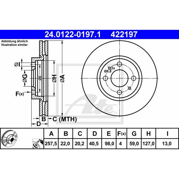 Слика на кочионен диск ATE 24.0122-0197.1 за Fiat Idea 1.3 JTD - 70 коњи дизел