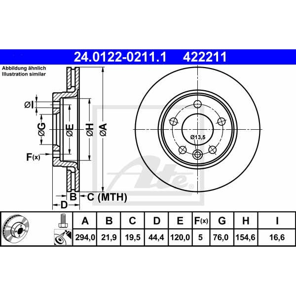 Слика на кочионен диск ATE 24.0122-0211.1 за VW Transporter T5 Box 3.2 4motion - 235 коњи бензин