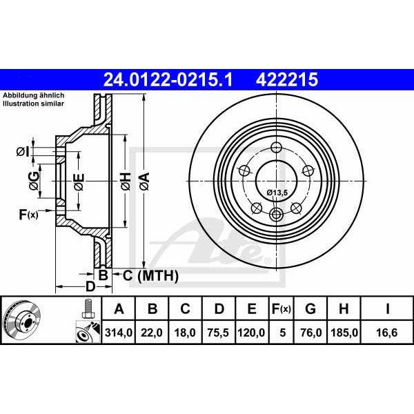 Слика на кочионен диск ATE 24.0122-0215.1 за VW Transporter T5 Box 3.2 4motion - 235 коњи бензин