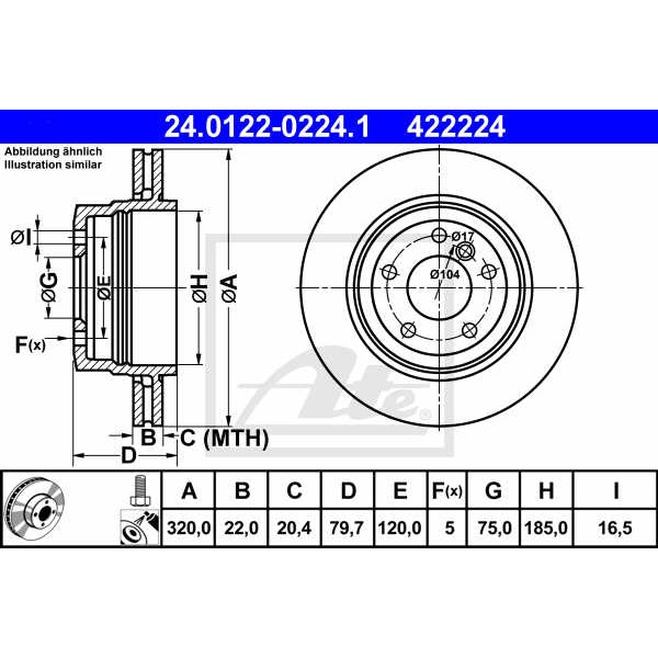 Слика на кочионен диск ATE 24.0122-0224.1 за BMW X3 E83 2.0 d - 177 коњи дизел