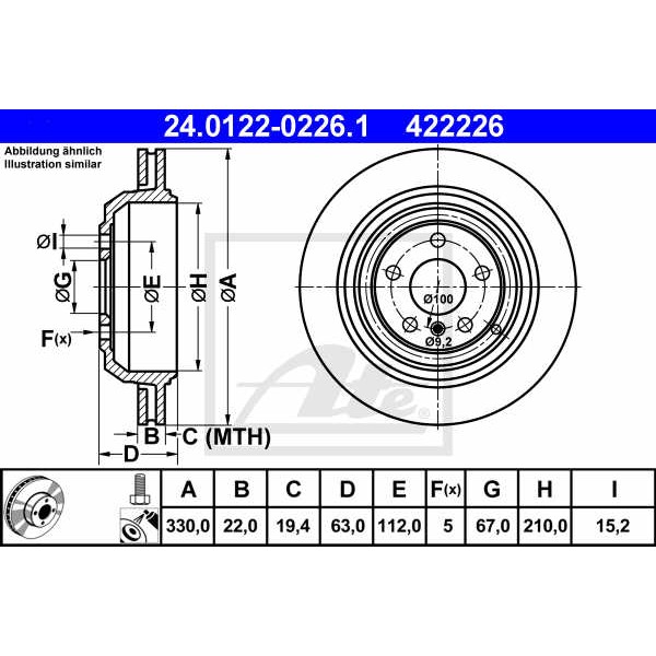 Слика на кочионен диск ATE 24.0122-0226.1 за Mercedes GL-class (x164) GL 350 CDI 4-matic (164.822) - 224 коњи дизел