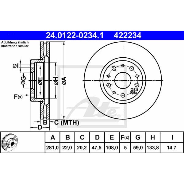 Слика на кочионен диск ATE 24.0122-0234.1 за Lancia Thesis (841AX) 2.4 JTD - 163 коњи дизел