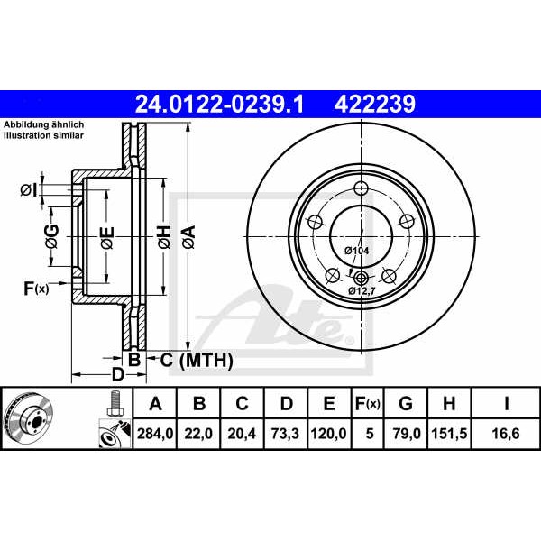 Слика на кочионен диск ATE 24.0122-0239.1 за BMW 1 F21 116 d - 116 коњи дизел