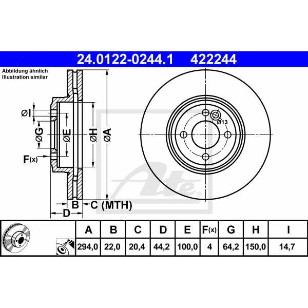 Слика на кочионен диск ATE 24.0122-0244.1 за Mini Convertible (R52) John Cooper Works - 210 коњи бензин