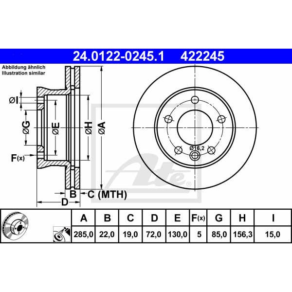 Слика на кочионен диск ATE 24.0122-0245.1 за Mercedes Sprinter 3-t Platform (903) 311 CDI 4x4 - 109 коњи дизел