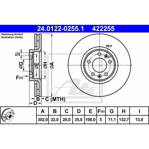 Слика на кочионен диск ATE 24.0122-0255.1 за Citroen C6 Sedan 2.2 HDi - 163 коњи дизел