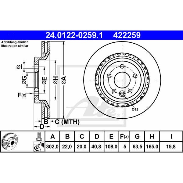 Слика на кочионен диск ATE 24.0122-0259.1 за Volvo S80 Saloon D3 / D4 - 163 коњи дизел