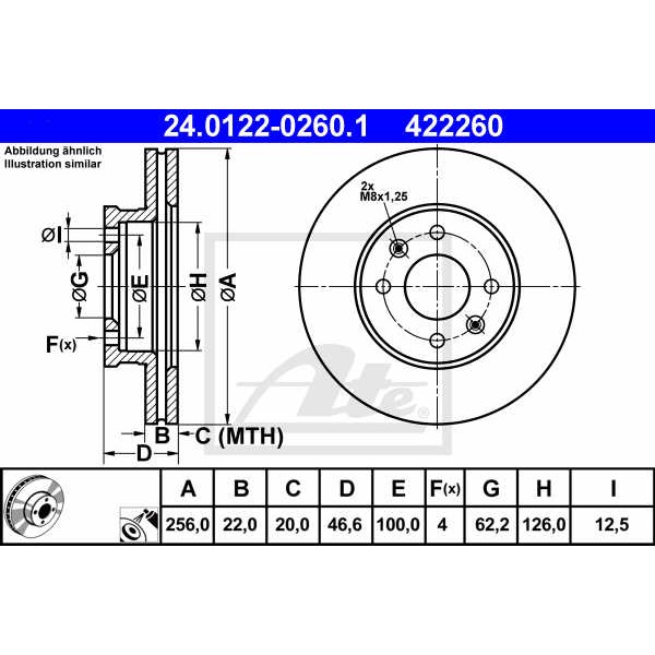 Слика на кочионен диск ATE 24.0122-0260.1 за Hyundai i20 (PB,PBT) 1.6 CRDi - 128 коњи дизел