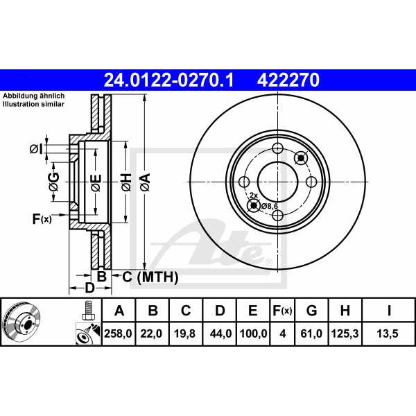 Слика на кочионен диск ATE 24.0122-0270.1 за Mercedes Citan Kombi (415) 112 (415.703) - 114 коњи бензин