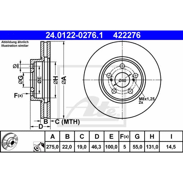 Слика на кочионен диск ATE 24.0122-0276.1 за Toyota Urban Cruiser (NCP11) 1.4 D-4D 4WD - 90 коњи дизел