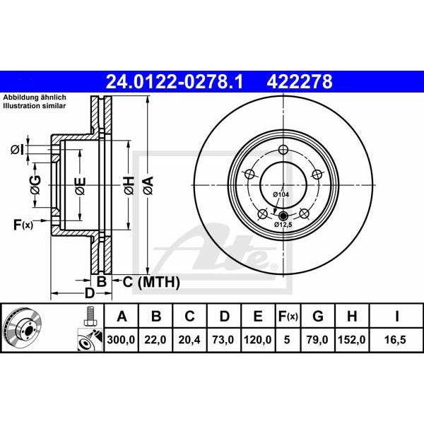 Слика на кочионен диск ATE 24.0122-0278.1 за BMW 3 Sedan F30 F35 F80 320 d - 163 коњи дизел