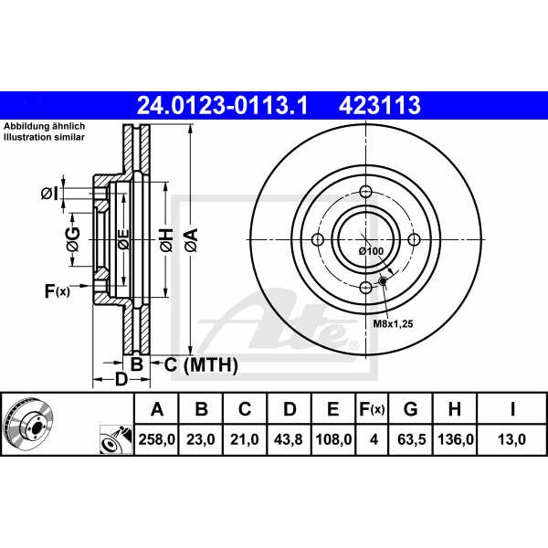 Слика на кочионен диск ATE 24.0123-0113.1 за Ford Fiesta 6 1.4 TDCi - 70 коњи дизел