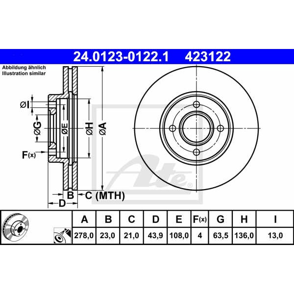 Слика на кочионен диск ATE 24.0123-0122.1 за Ford Transit Courier Kombi 1.5 TDCi - 95 коњи дизел