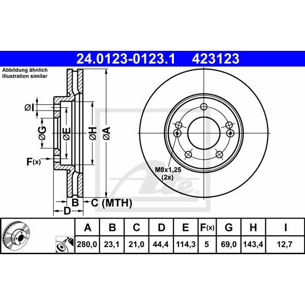 Слика на кочионен диск ATE 24.0123-0123.1 за Hyundai i30 CW (GD) 1.6 CRDi - 110 коњи дизел