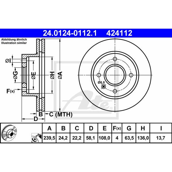 Слика на кочионен диск ATE 24.0124-0112.1 за Ford Escort \'86 Courrier (AVF) 1.3 - 60 коњи бензин