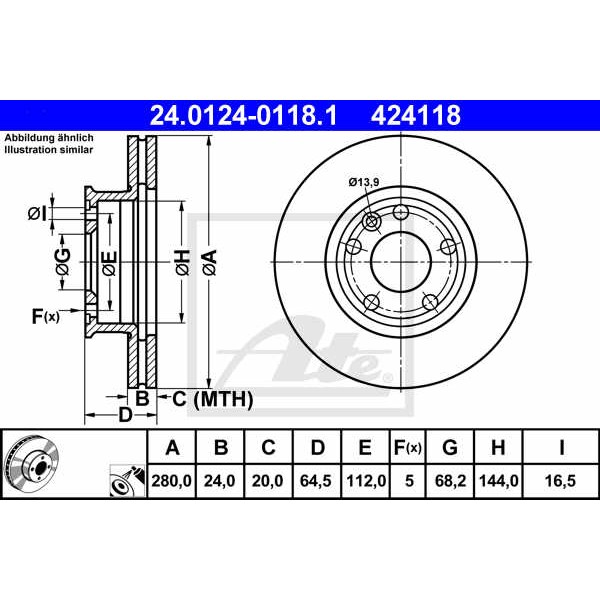 Слика на кочионен диск ATE 24.0124-0118.1 за VW Transporter T4 Bus 2.4 D Syncro - 78 коњи дизел