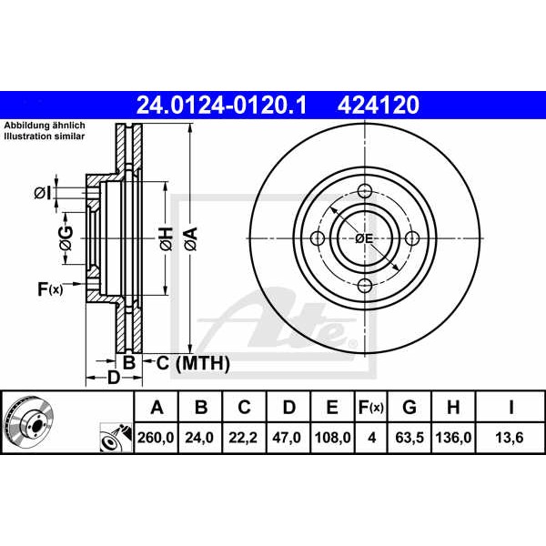 Слика на кочионен диск ATE 24.0124-0120.1 за Ford Mondeo 1 Clipper (BNP) 1.6 i 16V - 88 коњи бензин