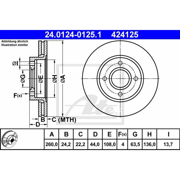 Слика на кочионен диск ATE 24.0124-0125.1 за Ford Escort MK 7 (gal,aal,abl) RS 2000 - 150 коњи бензин