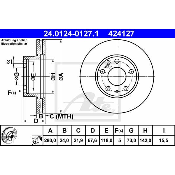 Слика на кочионен диск ATE 24.0124-0127.1 за Citroen Jumper BOX 244 2.2 HDi - 101 коњи дизел