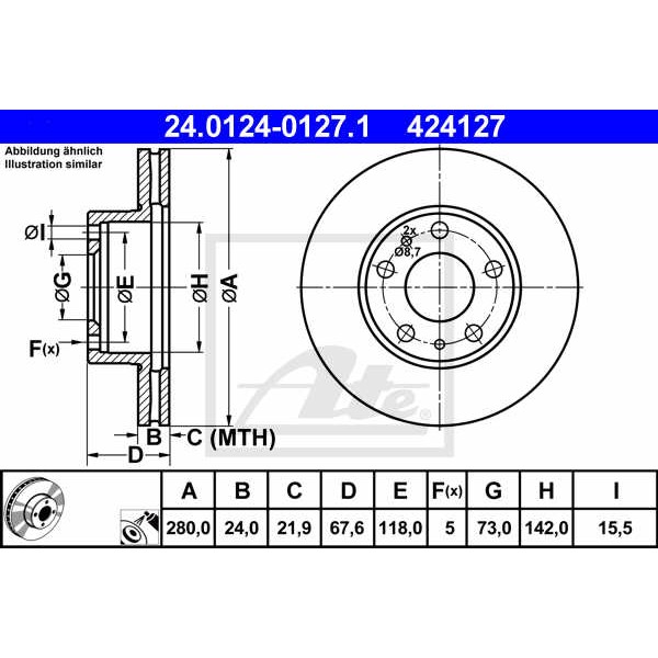 Слика на кочионен диск ATE 24.0124-0127.1 за Citroen Jumper BUS 230P 2.5 TD - 103 коњи дизел