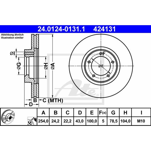 Слика на кочионен диск ATE 24.0124-0131.1 за Ford Transit BOX (E) 1991 2.5 DI (EAS, EAL) - 80 коњи дизел