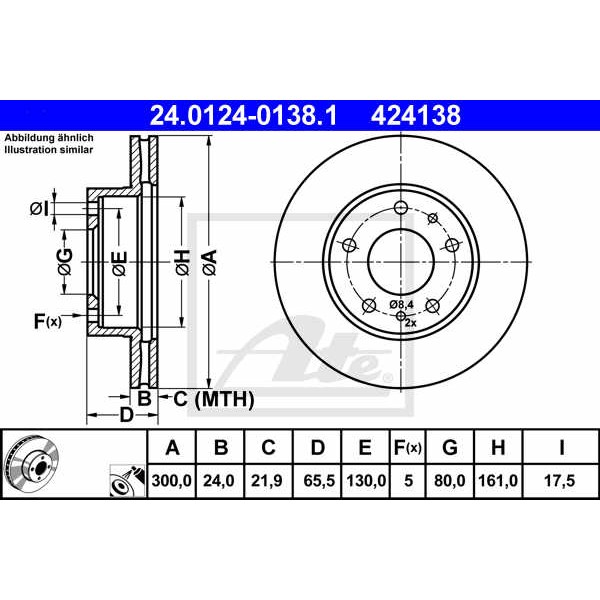 Слика на кочионен диск ATE 24.0124-0138.1 за Citroen Jumper BOX 244 2.2 HDi - 101 коњи дизел