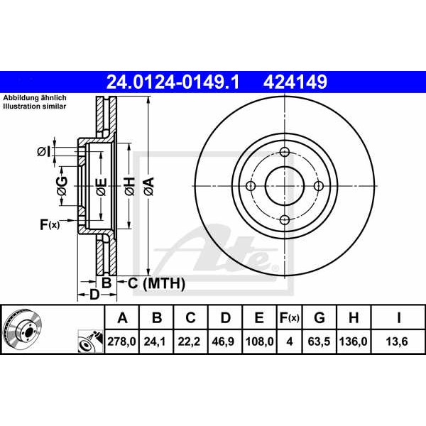 Слика на кочионен диск ATE 24.0124-0149.1 за Ford Mondeo 1 Clipper (BNP) 2.5 i 24V - 170 коњи бензин