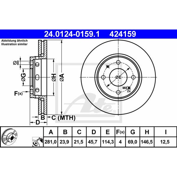 Слика на кочионен диск ATE 24.0124-0159.1 за Volvo S40 Sedan (VS) 1.9 DI - 102 коњи дизел