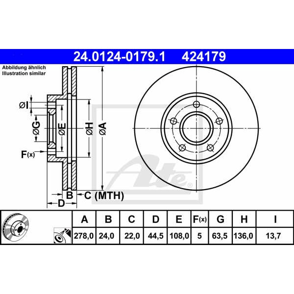 Слика на кочионен диск ATE 24.0124-0179.1 за Ford Tourneo Connect 1.8 TDCi - 110 коњи дизел