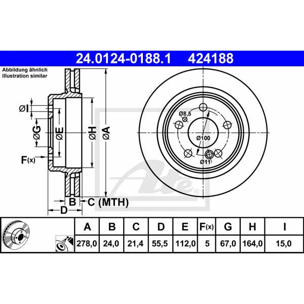 Слика на кочионен диск ATE 24.0124-0188.1 за Mercedes E-class (w124) 400 E 4.2 (124.034) - 279 коњи бензин