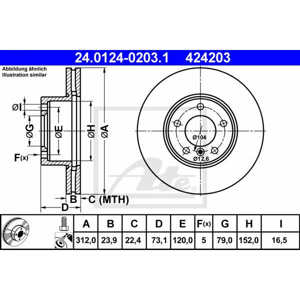 Слика на кочионен диск ATE 24.0124-0203.1 за BMW 3 Sedan F30 F35 F80 320 d - 200 коњи дизел