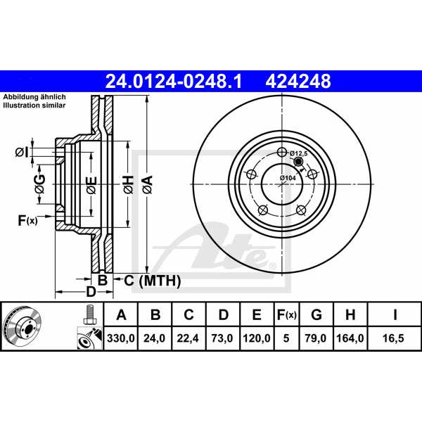 Слика на кочионен диск ATE 24.0124-0248.1 за BMW 3 Sedan F30 F35 F80 330 d - 258 коњи дизел