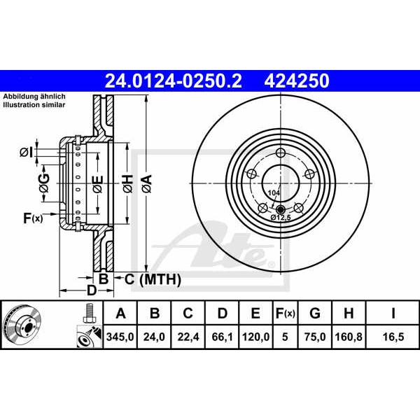 Слика на кочионен диск ATE 24.0124-0250.2 за BMW 3 Sedan F30 F35 F80 320 d - 200 коњи дизел