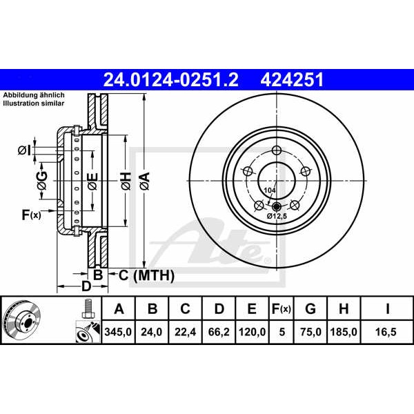 Слика на кочионен диск ATE 24.0124-0251.2 за BMW 3 Sedan F30 F35 F80 330 d - 258 коњи дизел