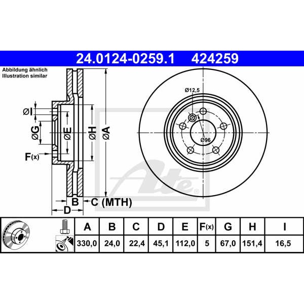 Слика на кочионен диск ATE 24.0124-0259.1 за Mini Countryman (F60) Cooper S ALL4 - 163 коњи бензин